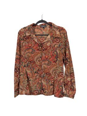 Satin Paisley Blouse XL Y2K Retro Button Up VNeck Collared Red Brown Green